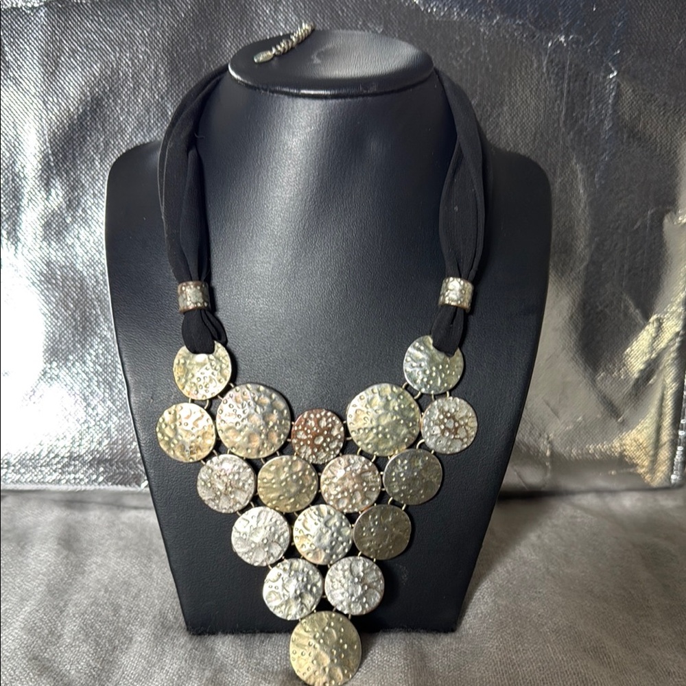 Elegant Silver Disc Necklace, adjustable. With soft black cloth accent chain.